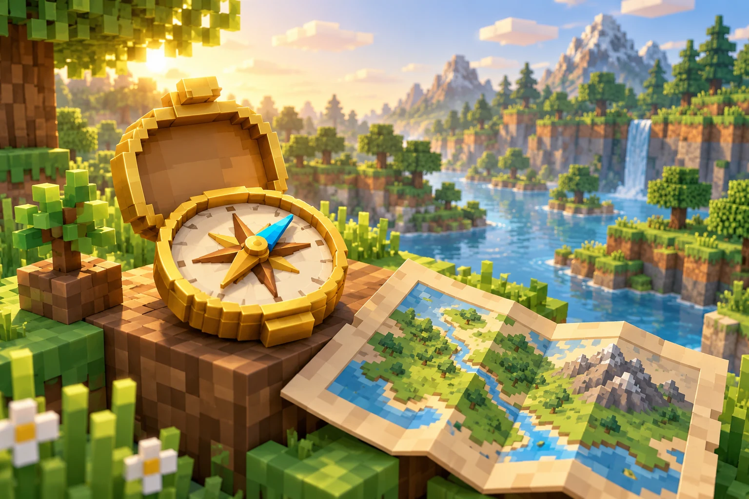 An illustrated explorer’s compass in a welcoming block-world woodland.