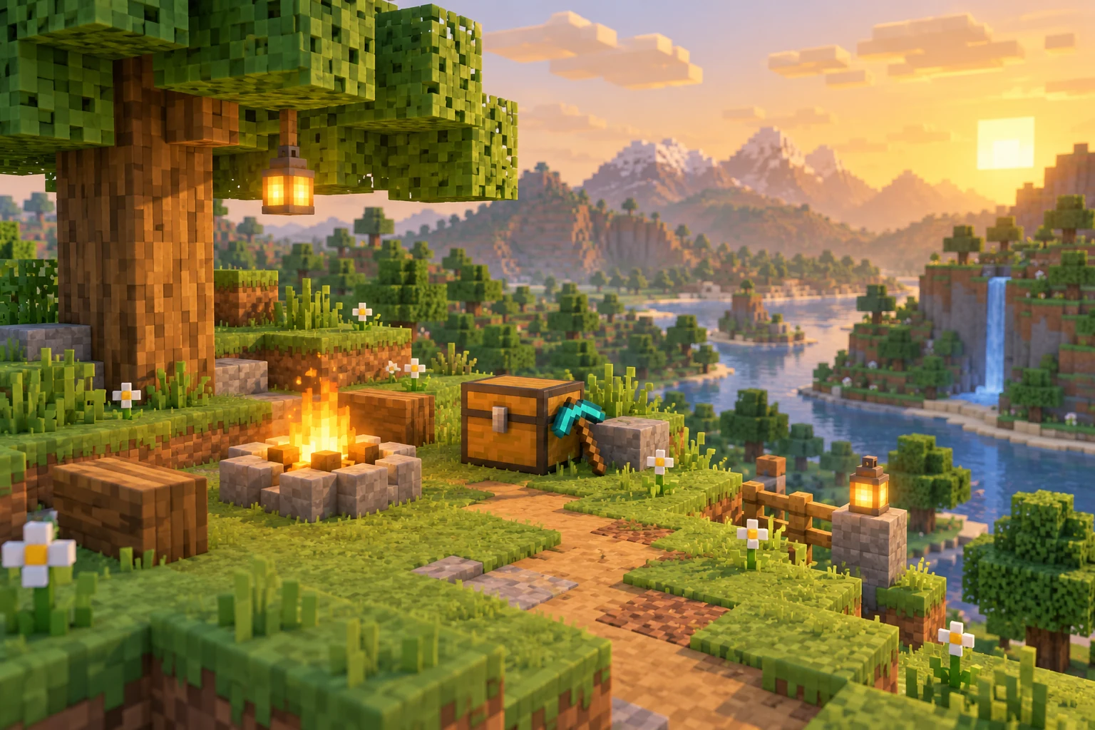 A warm, illustrated block-world campfire in a green woodland.