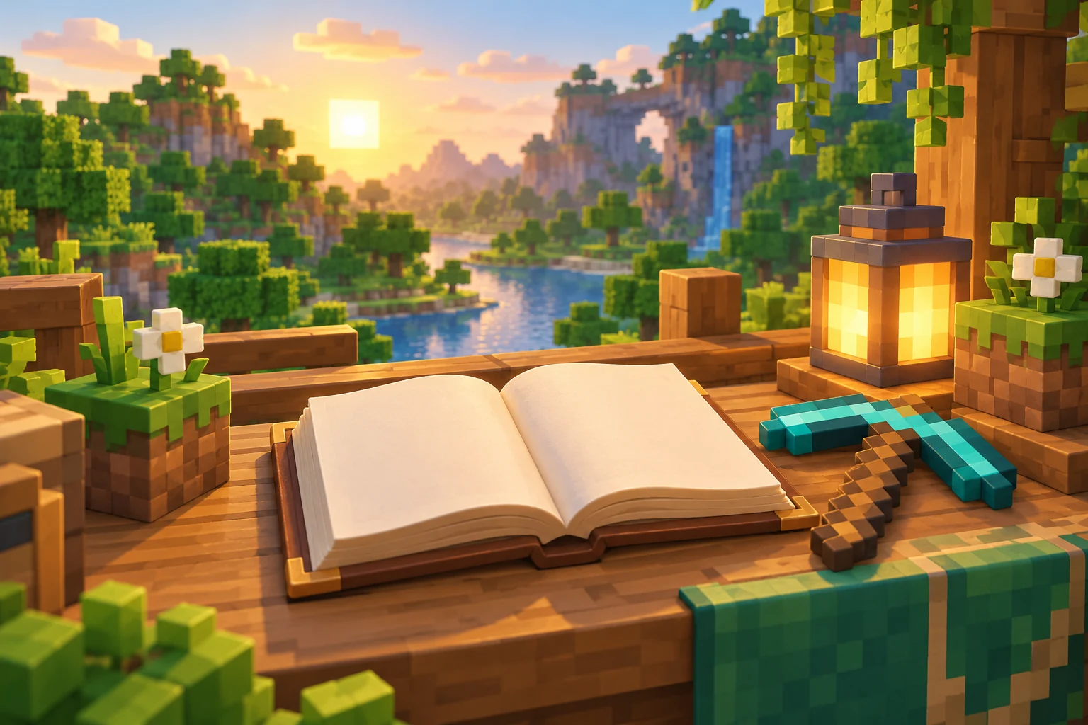 An illustrated book of adventures in a warm block-world setting.