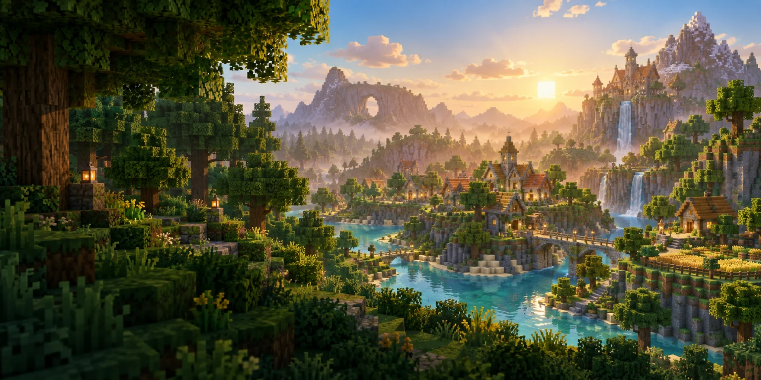 Un village boisain accueillant inspiré de Minecraft dans la lumière d'un coucher d'or